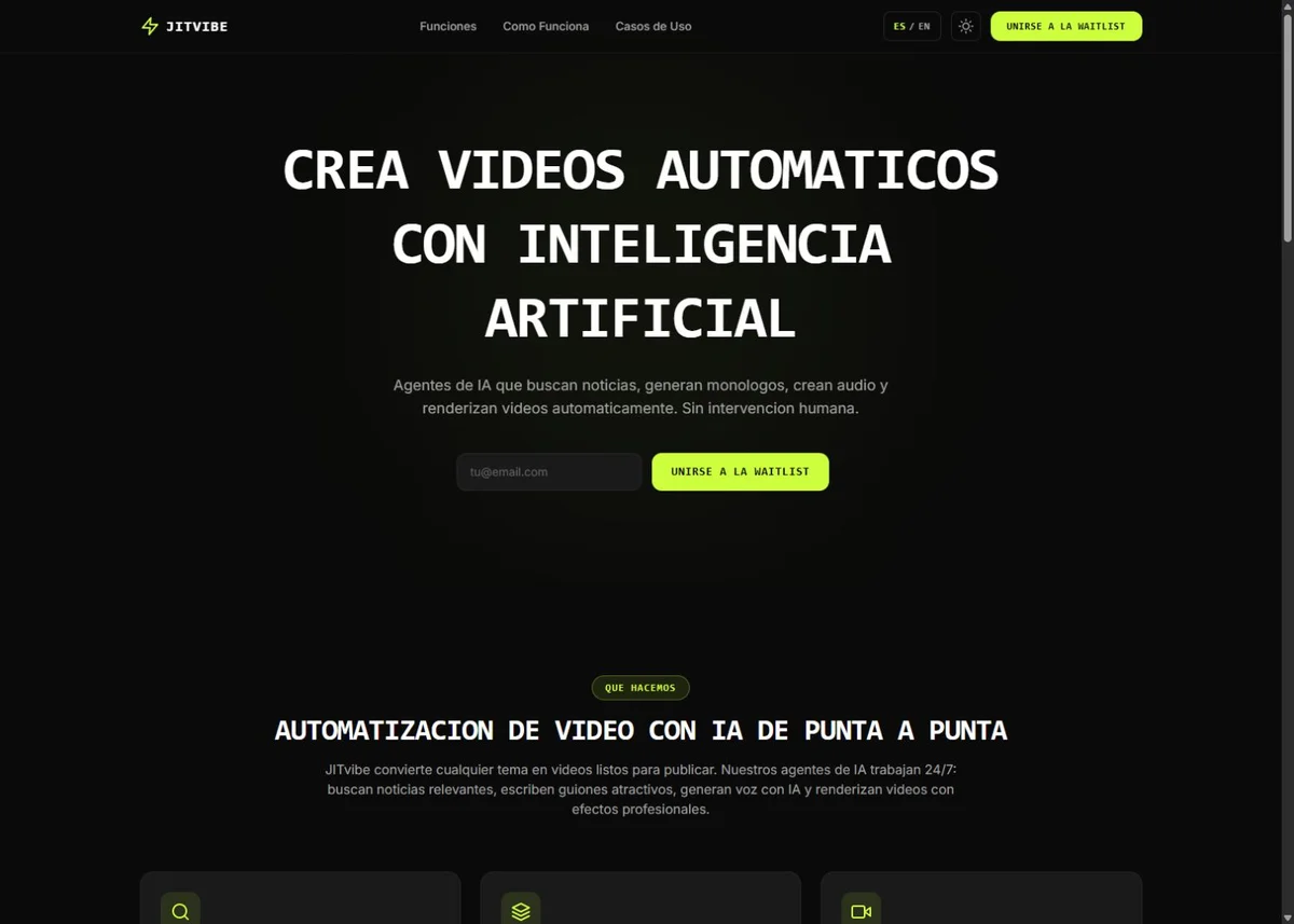 Sitio web publicado de JITvibe con su propuesta de creación automática de videos