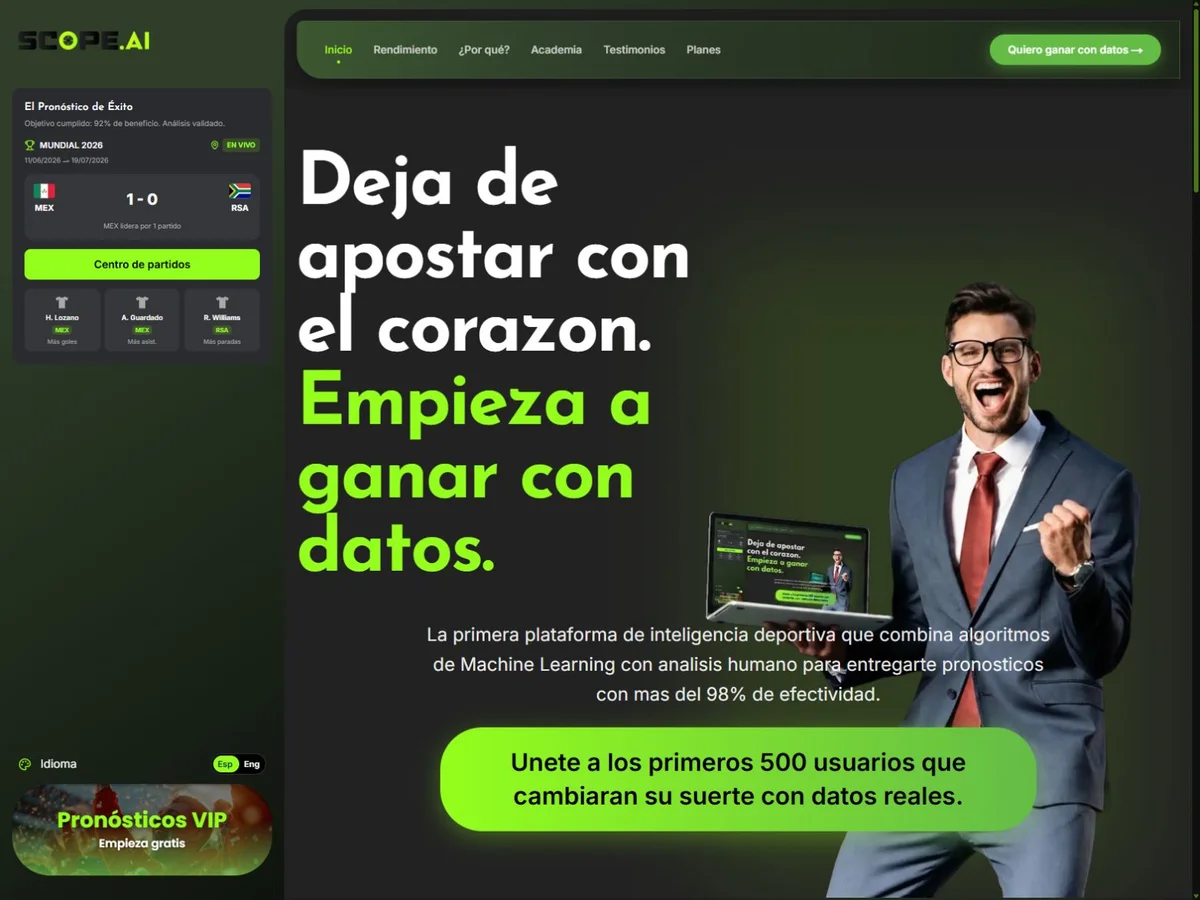 Sitio web publicado de Scope AI, plataforma de inteligencia deportiva